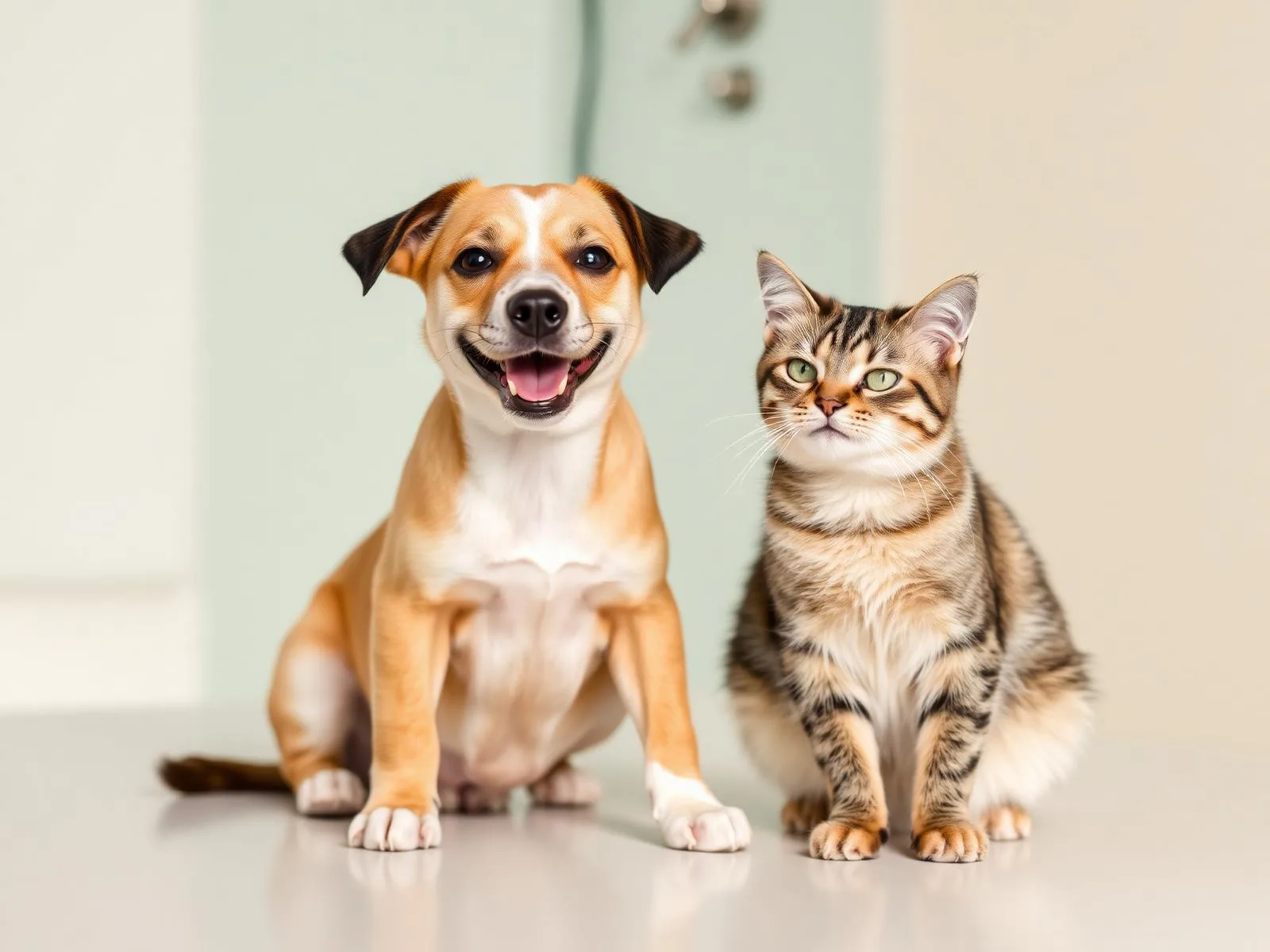 A relaxed dog and cat at a veterinary clinic